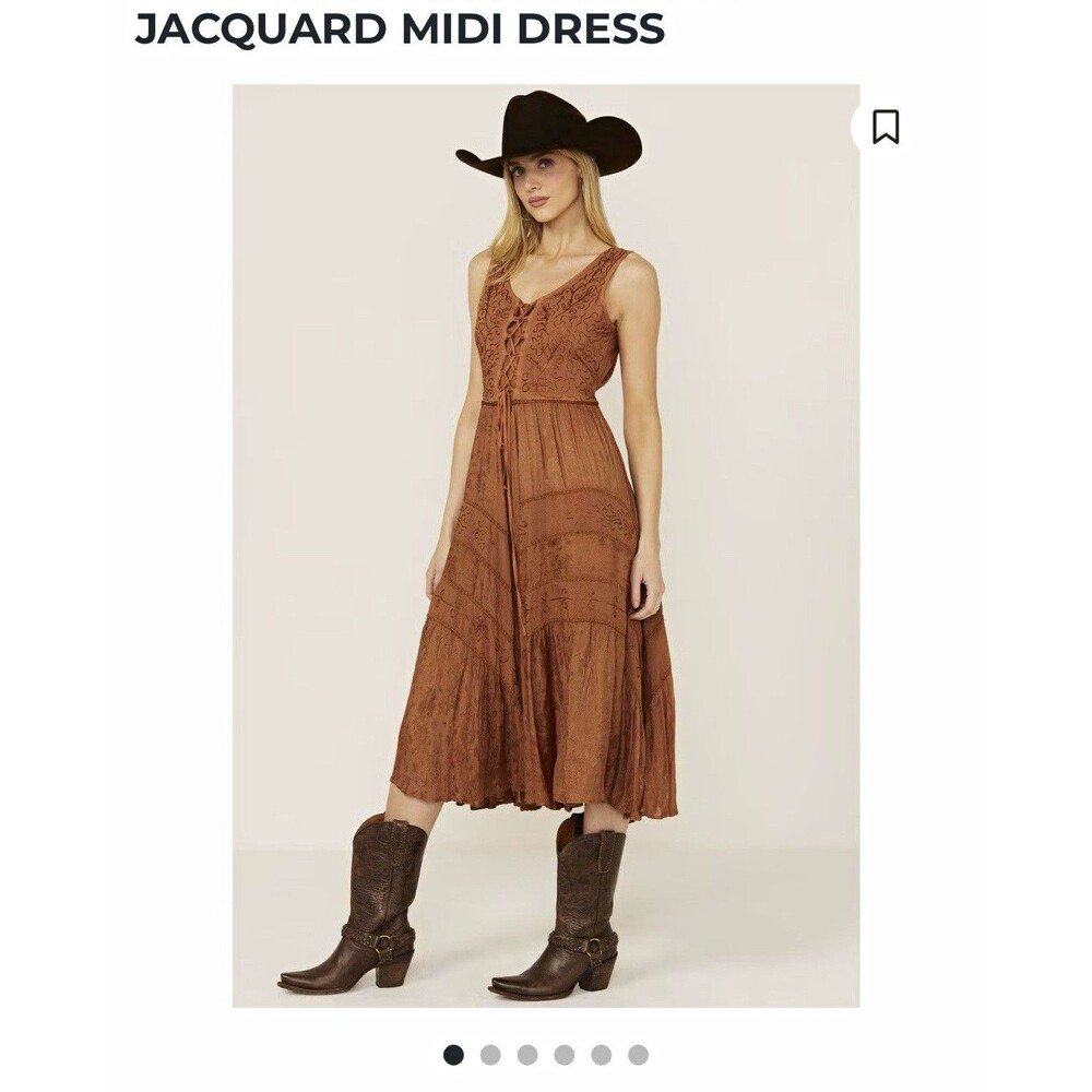 Scully Women's Brown Jacquard Lace-Up Midi Dress Sleeveless Scoop Neck M
